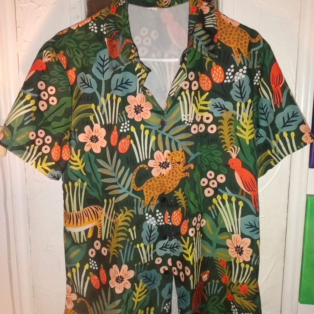 Green and Orange Casual Button Down Shirt with Tropical Print